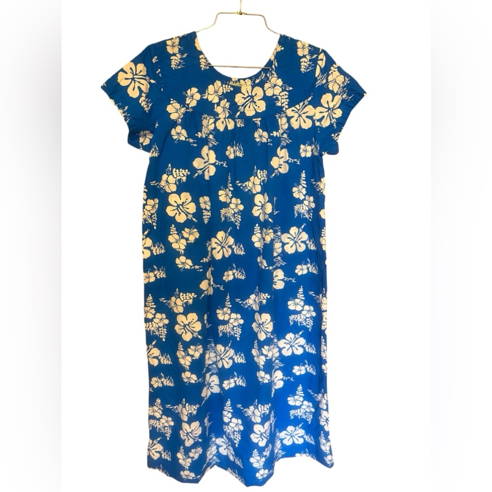 Vtg Ui-Maikai Hawaiian Maxi Floral MuuMuu Dress Women Blue White Hibiscus 16?